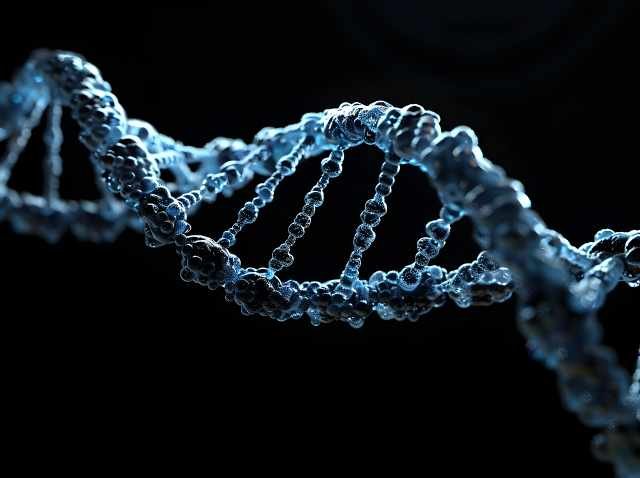 A detailed close-up of a luminous blue DNA double helix on a black background, illustrating the molecular structure involved in genetic methylation testing.