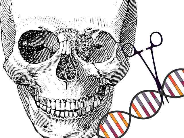A detailed black-and-white skull illustration labeled “Eugenics” with a vibrant, multicolored DNA double helix being cut by scissors, representing the concept of genetic manipulation and its connection to genetic methylation testing.