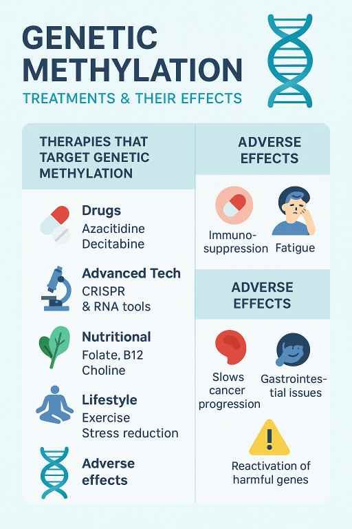 An infographic illustrating genetic methylation treatments and their effects, featuring icons for drugs (Azacitidine, Decitabine), CRISPR & RNA tools, nutritional elements (Folate, B12, Choline), lifestyle practices (Exercise, Stress reduction), and adverse effects like immunosuppression, fatigue, cancer progression, gastrointestinal issues, and gene reactivation.