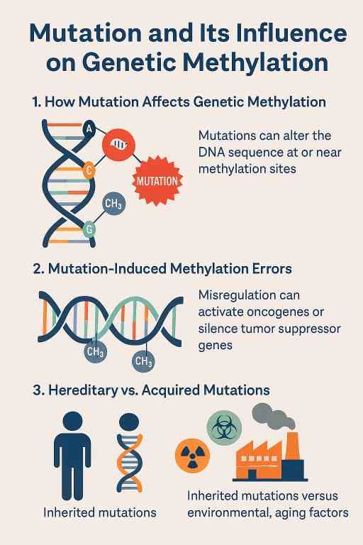 : An infographic titled “Mutation and Its Influence on Genetic Methylation,” showing three sections: 1) How mutations alter DNA sequences at methylation sites, 2) Mutation-induced errors activating oncogenes or silencing tumor suppressor genes, and 3) Comparison of inherited mutations (human with DNA) versus acquired mutations (environmental factors like radiation and pollution), related to genetic methylation testing.