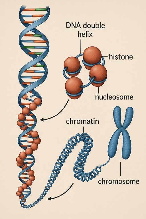 A diagram showing the transformation from a DNA double helix with histone proteins forming a nucleosome, to coiled chromatin, and finally a condensed chromosome, relevant to genetic methylation testing.