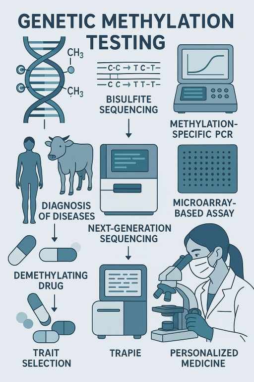 An infographic titled “Genetic Methylation Testing” featuring a DNA helix with CH3 groups, bisulfite sequencing (C-C to TC-T, C-C to TT-T), methylation-specific PCR, microarray-based assay, next-generation sequencing, demethylating drugs, trait selection, and a scientist with a microscope for personalized medicine, related to genetic methylation testing.