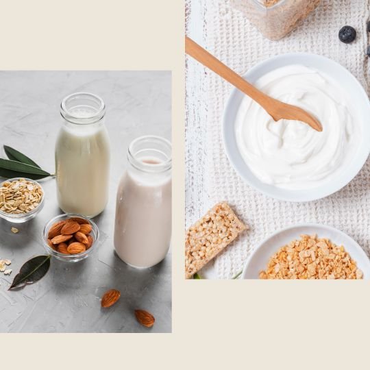 Bottles of almond and oat milk with dairy-free yogurt and granola, showcasing a healthy alternative to heavy cream.