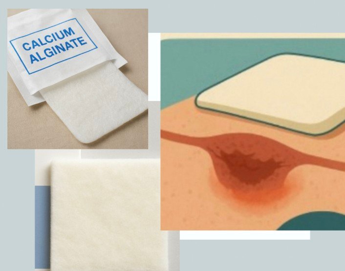 Calcium alginate dressing for wound care, showing sterile packaging, dressing material, and illustration of application on an open wound.