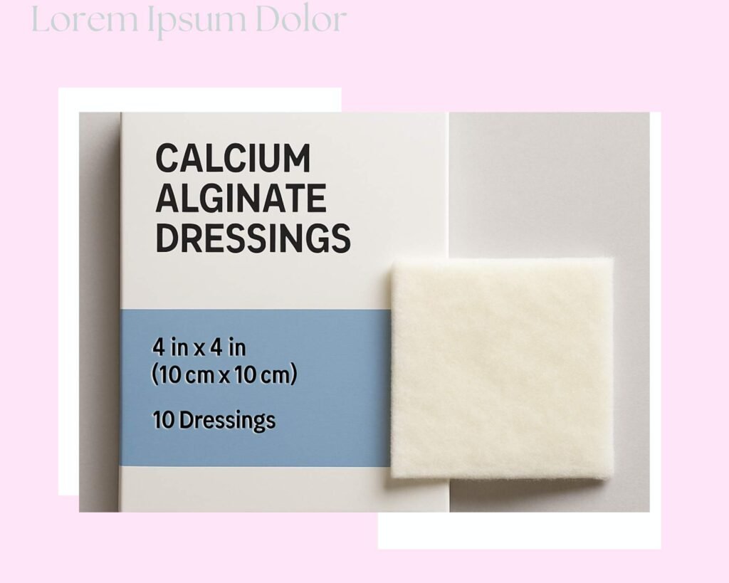 Box of calcium alginate dressings with one dressing pad displayed, measuring 4x4 inches (10x10 cm), pack of 10.