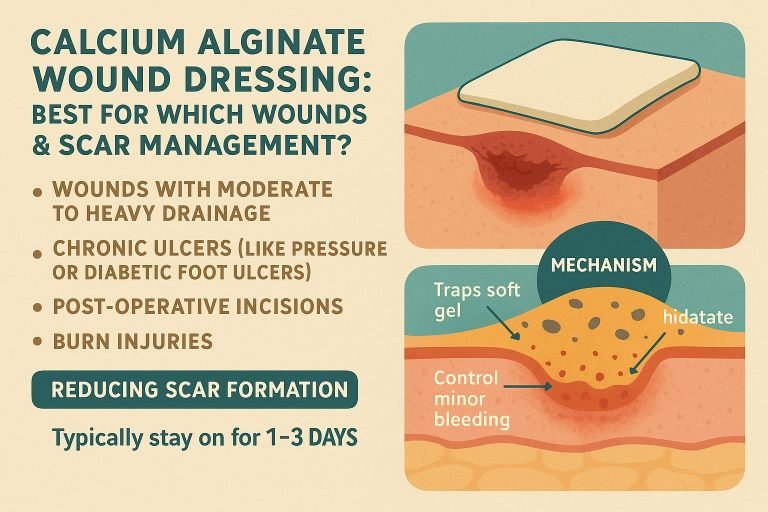 Calcium alginate dressing for wounds with drainage, ulcers, burns, and scar reduction.