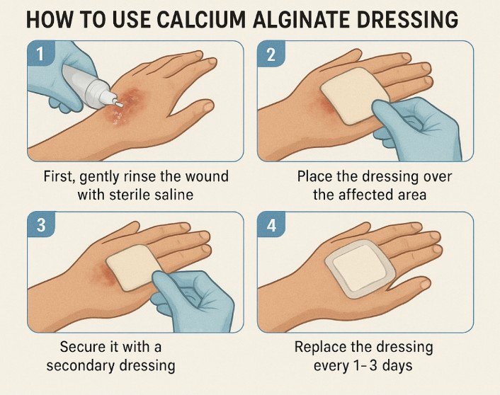 Step-by-step illustrated guide on how to use a calcium alginate dressing: rinse wound with sterile saline, place dressing, secure with secondary dressing, replace every 1–3 days.