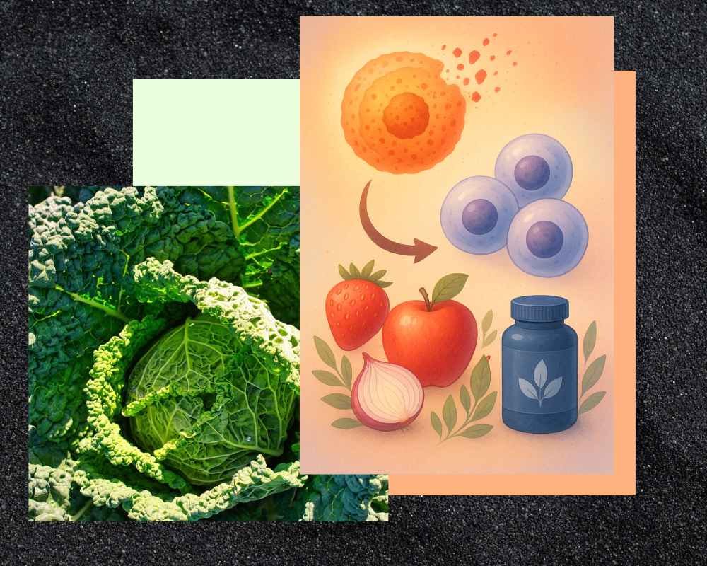 Illustration showing senolytic supplements with fruits, vegetables, and cellular renewal process.