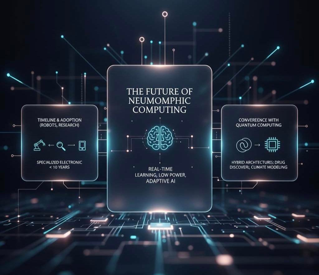 Futuristic concept illustration depicting the future of Neuromorphic Computing with real-time learning, low-power AI, and integration with quantum computing technologies.