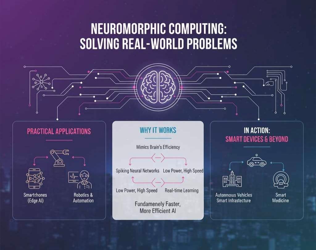 Infographic illustrating how Neuromorphic Computing solves real-world problems through brain-inspired AI, highlighting its applications in robotics, automation, and smart technologies.