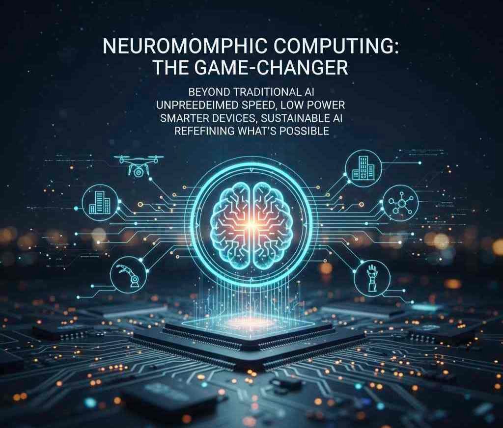 Digital illustration representing Neuromorphic Computing technology with a glowing brain chip symbolizing advanced, energy-efficient AI systems.