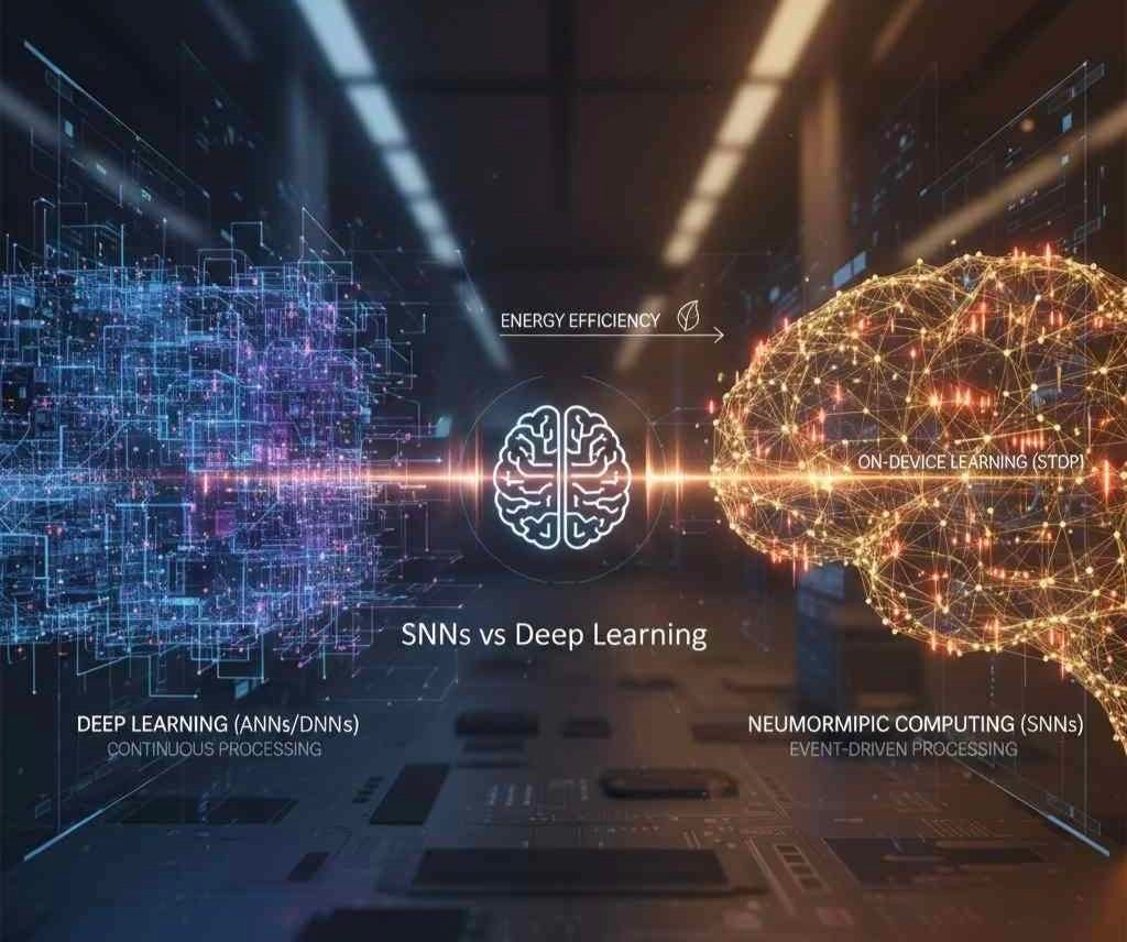 Comparison illustration of Neuromorphic Computing using Spiking Neural Networks versus traditional Deep Learning, highlighting brain-inspired, energy-efficient AI processing.