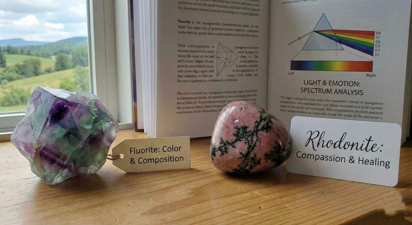 A raw purple Fluorite chunk and a pink Rhodonite heart resting on a windowsill next to an open book about light spectrums.
