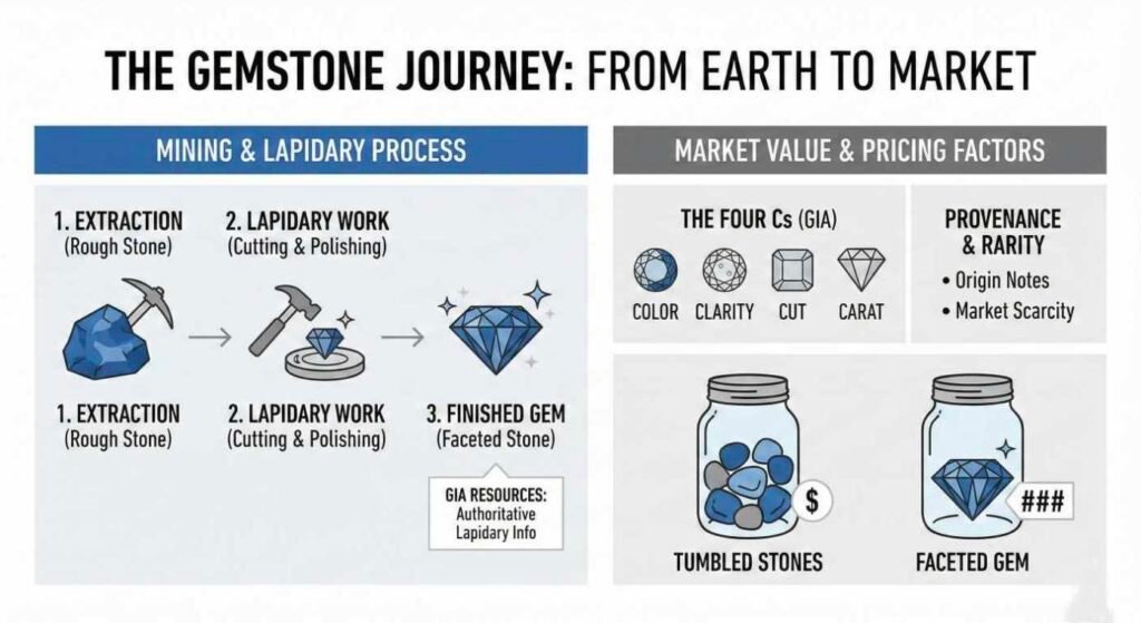 Infographic titled 'The Gemstone Journey' showing the extraction of rough crystals, lapidary cutting, and market pricing based on the Four Cs.