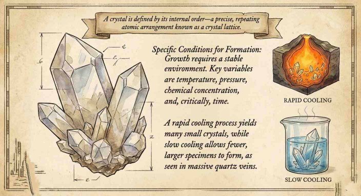 Vintage-style infographic titled 'Specific Conditions for Formation' illustrating crystal lattice structure and the difference between rapid and slow cooling.