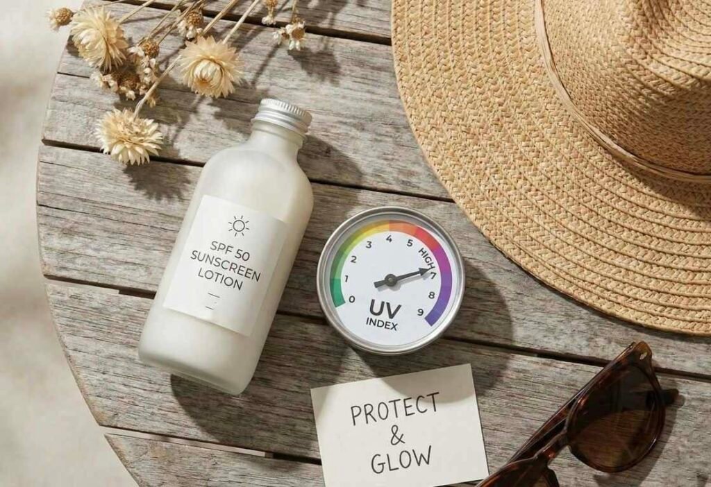 SPF 50 sunscreen bottle placed beside a UV index meter, showing the importance of using sunscreen for UV index protection.
