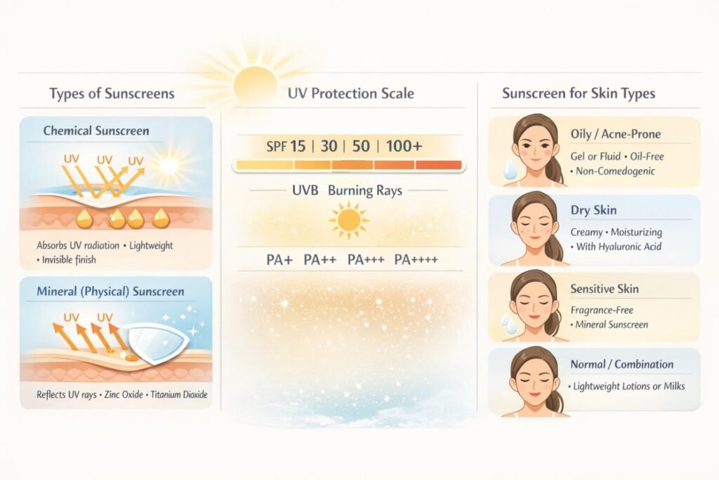 Sunscreen for UV index infographic illustrating chemical and mineral sunscreens, SPF and PA ratings, and sunscreen choices for different skin t