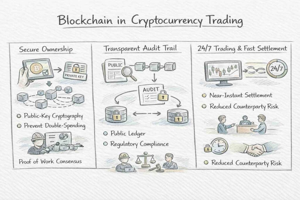 Diagram of Blockchain in cryptocurrency trading showing secure ownership and audit trail.