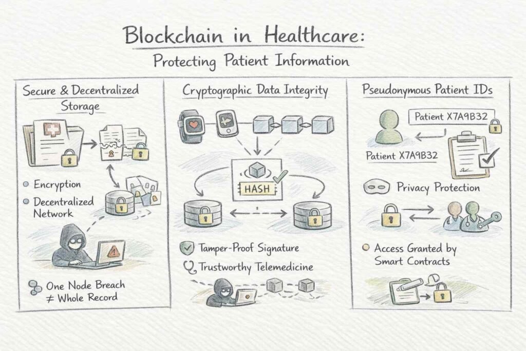 Diagram of Blockchain in healthcare securing patient data with encryption and smart contracts.