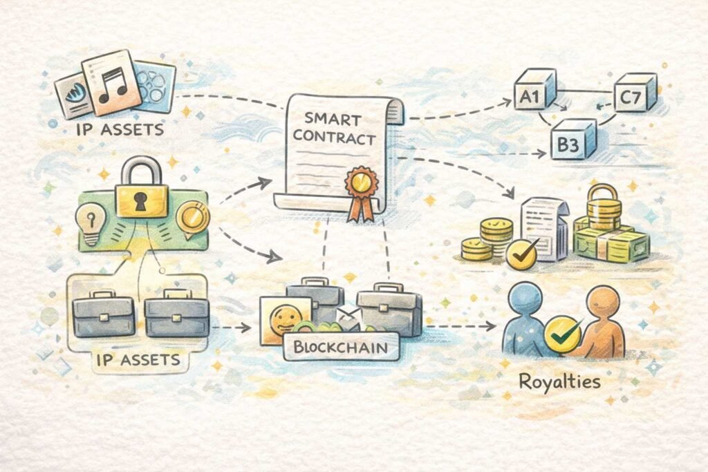 Illustration of Blockchain managing IP assets with smart contracts and royalty payments.