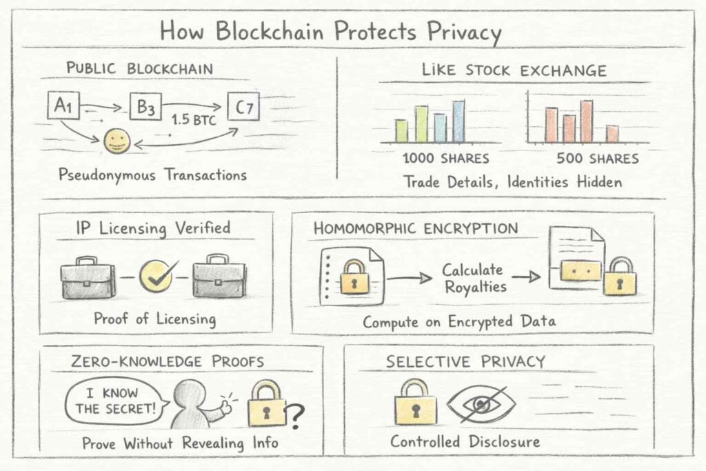 Diagram showing Blockchain privacy features like zero-knowledge proofs and encryption.