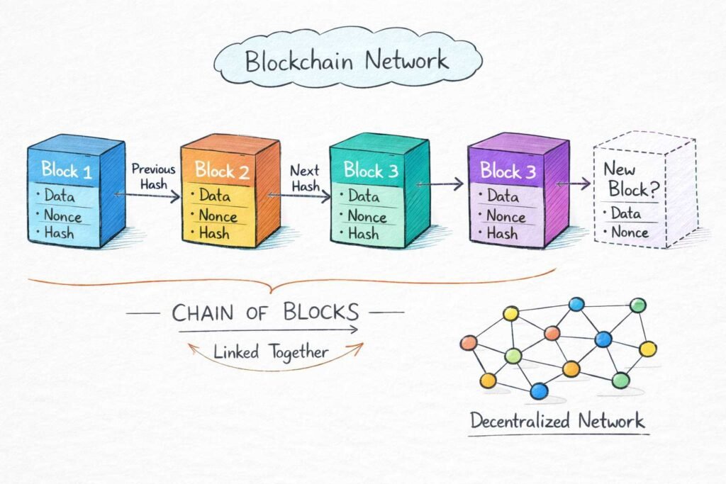Hand-drawn diagram of blockchain technology showing multiple blocks linked by hashes and forming a decentralized blockchain network.