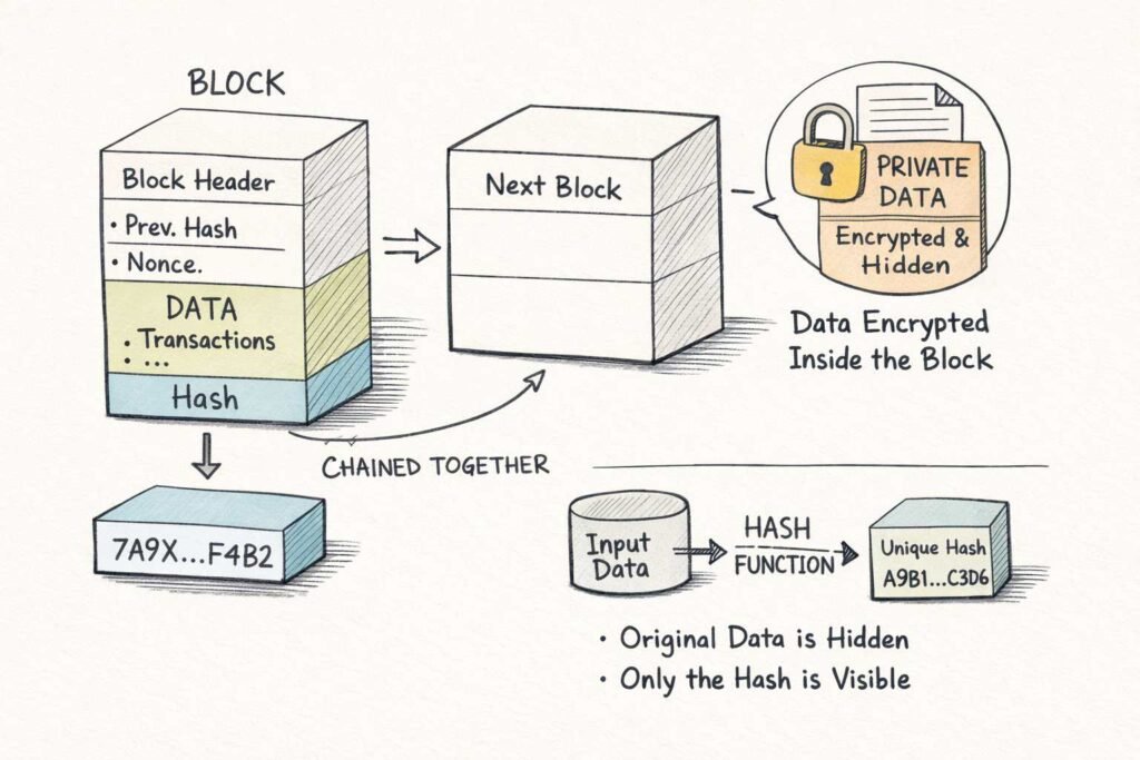 Illustrated diagram of blockchain technology showing block structure, encrypted data, hash function, and how blocks are chained together securely.