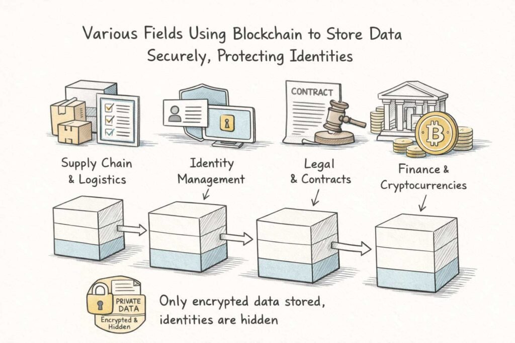Illustrated diagram of blockchain technology showing its use in supply chain, identity management, legal contracts, and finance with encrypted data storage.