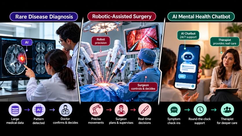 AI in medical field: artificial intelligence supporting rare disease diagnosis, robotic-assisted surgery, and mental health care alongside doctors and therapists