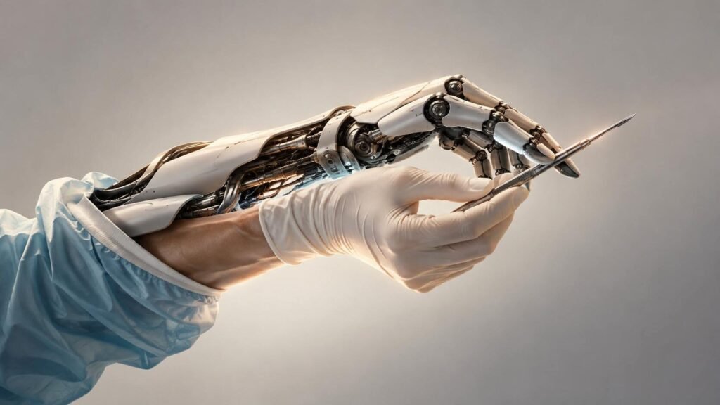 AI in medical field concept showing a robotic surgical hand assisting a human surgeon with precision medical procedures